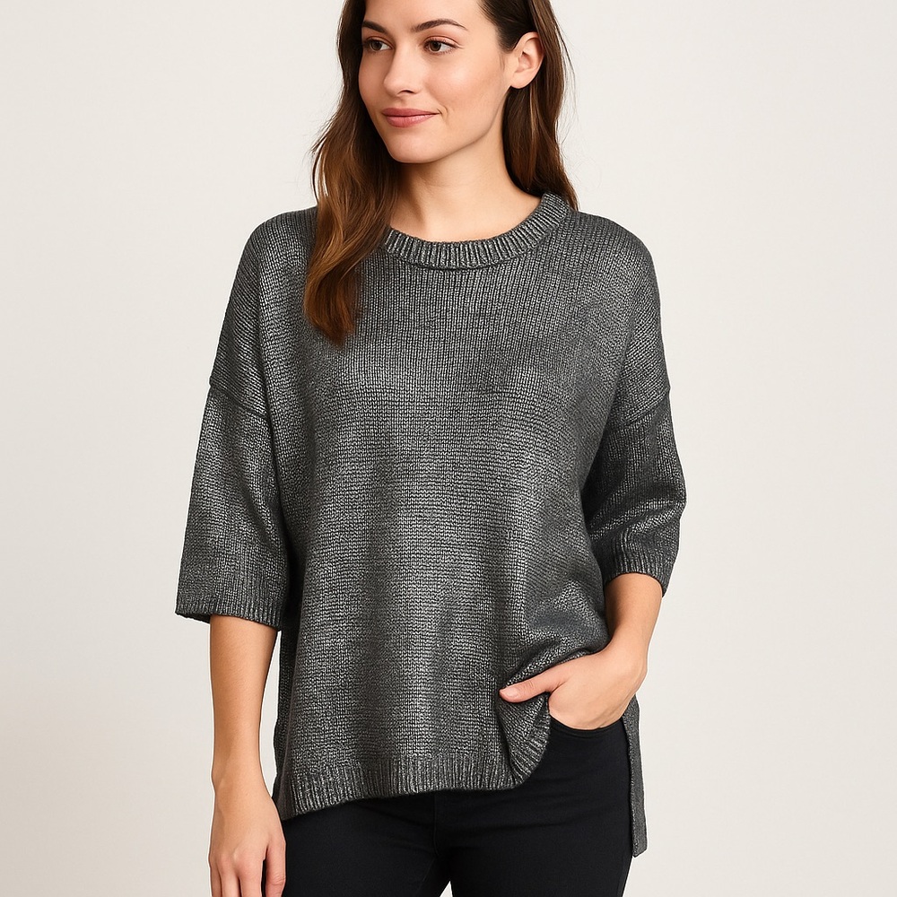 Silver Metallic Charcoal‎ Gray & black Women's Sweater XL Chunky knit Goth